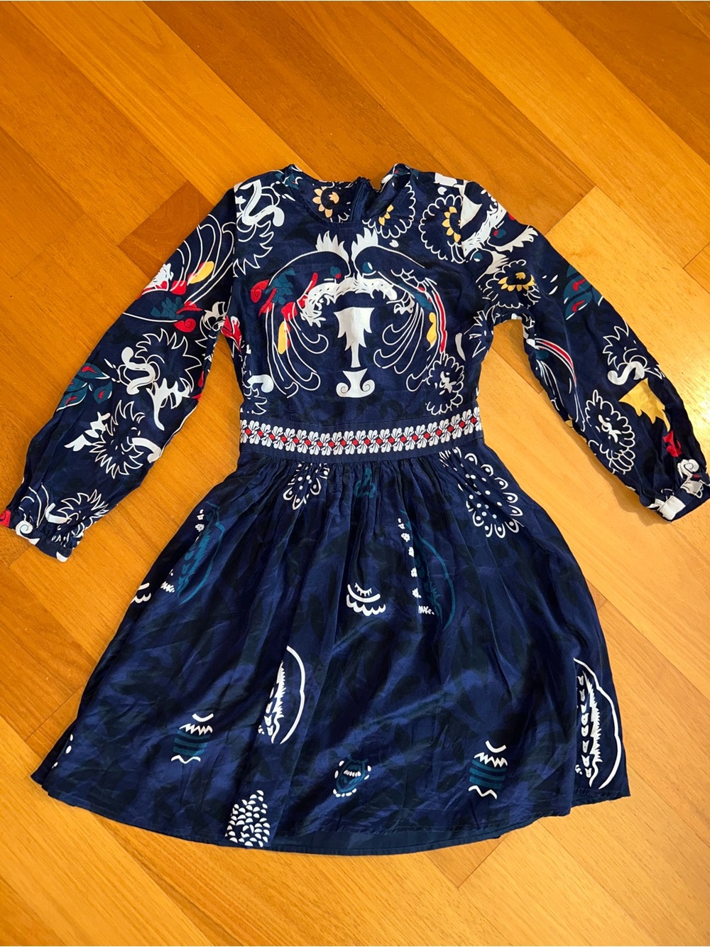 Vanessa Bruno Navy 100% Silk Drove Dress Size Small Birds Chalice